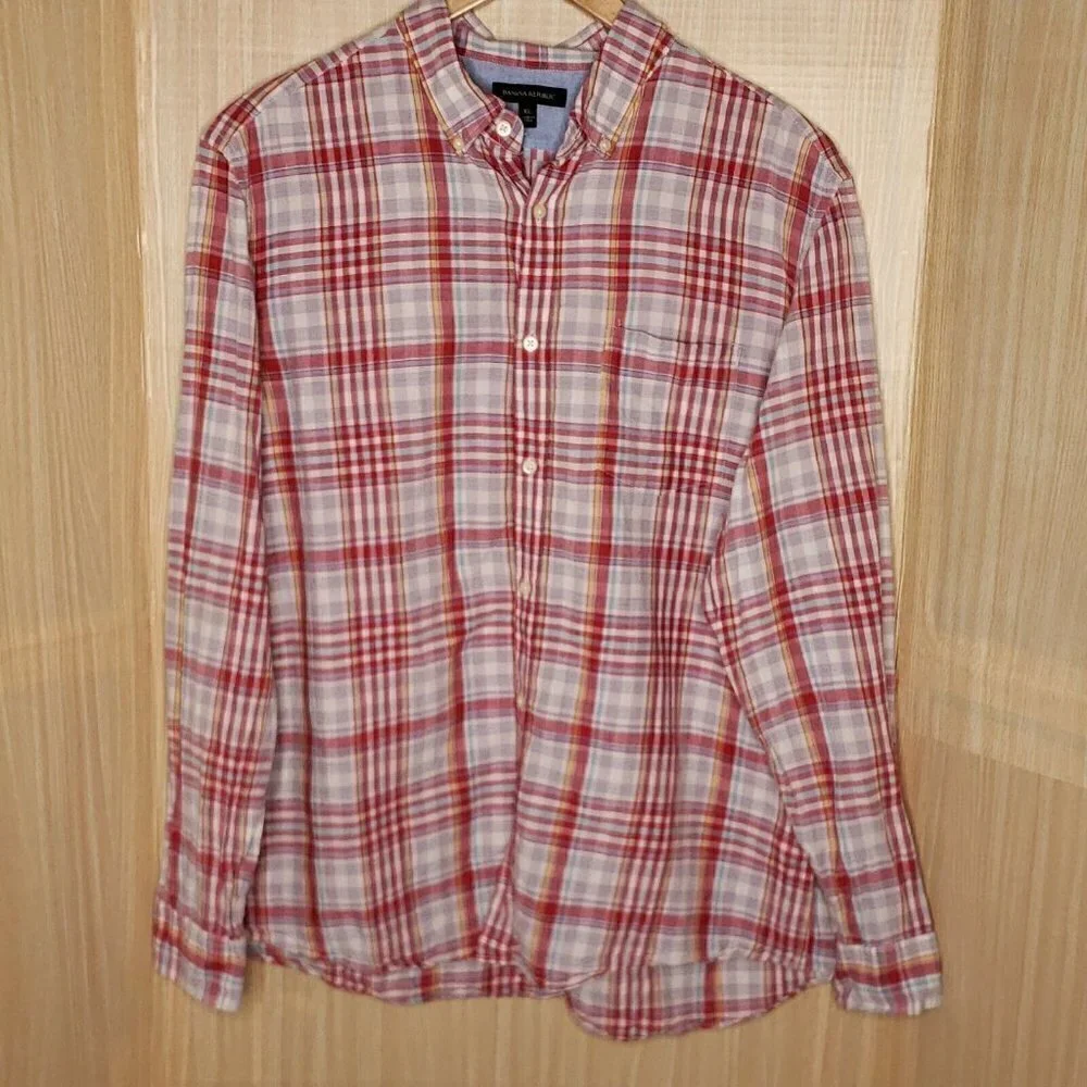 Banana Republic Mens Red Plaid Linen Blend Long Sleeve Button Down Shirt XL
